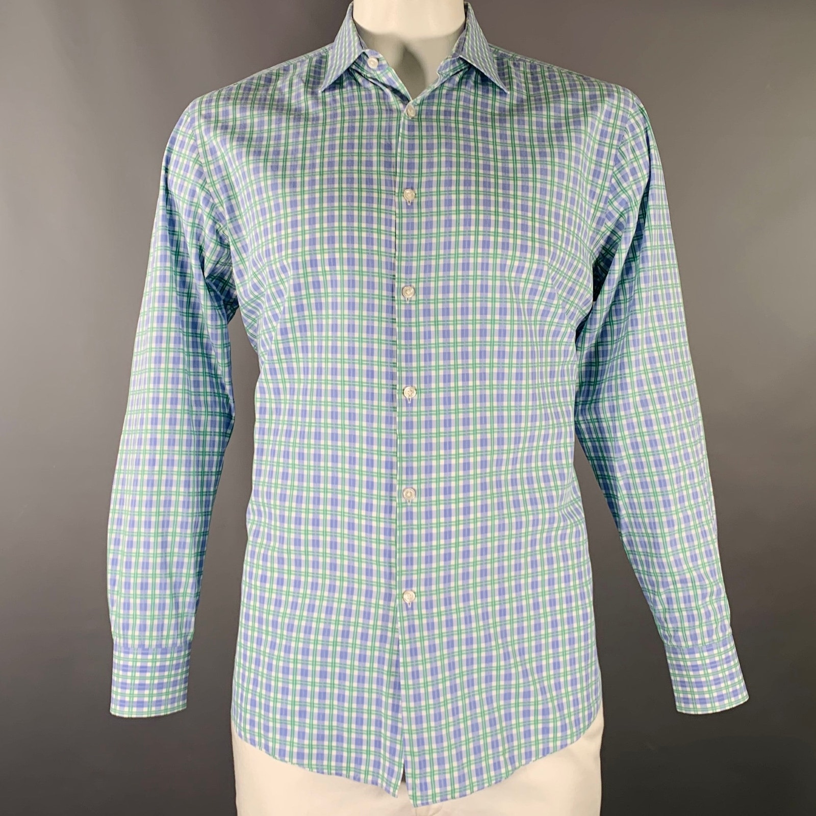 Hugo Boss Size L Blue White Green Checkered Long Sleeve Shirt